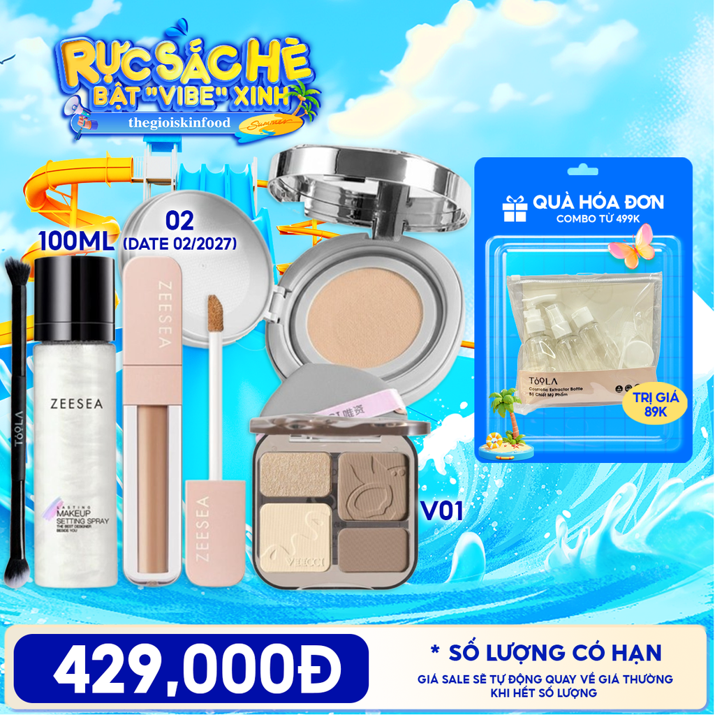 Combo Phấn Nước VEECCI Essence Lock Makeup Mesh Cushion Cream + Phấn VEECCI Easy Blend Highlight & Contour Palette + Xịt Khóa Nền Zeesea Lasting Makeup Settting Spray + Kem Che Khuyết Điểm Zeesea + Cọ Trang Điểm 2 Đầu TOOLA