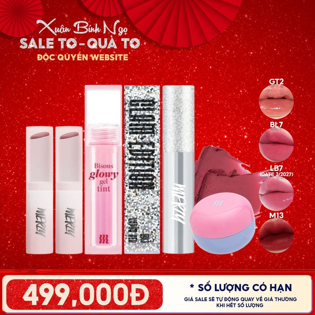 [ĐỘC QUYỀN - COMBO SIÊU HỜI] 2 Son Dưỡng Ẩm Có Màu Merzy LB7 Off Grape (date 03/2027) + Son Bóng Pha Lê Merzy + Son Kem Bùn Kiêm Má Hồng Merzy + Son Kem Lì Merzy The Glam M13 Vapor Red