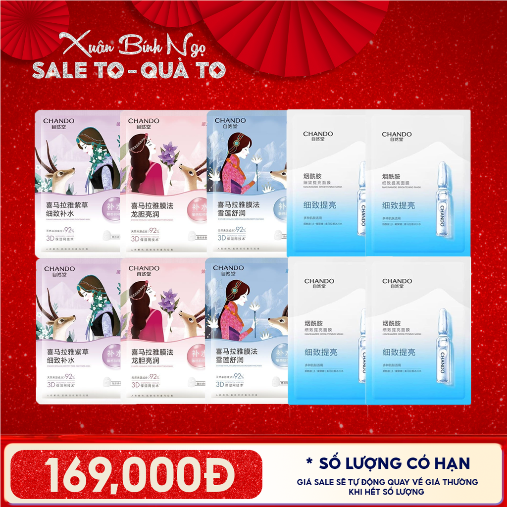 Combo 10 Mask Chando Himalaya: 6 Mặt Nạ Thảo Dược Dưỡng Ẩm, Hỗ trợ Dưỡng Trắng, Thu Nhỏ Lỗ Chân Lông + 4 Mặt Nạ Cấp Ẩm, Làm Trắng Da Niacinamide
