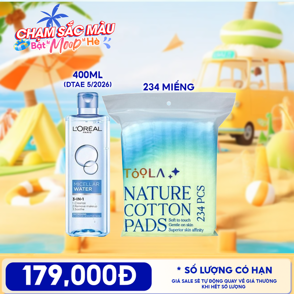  Combo Travel: Nước Tẩy Trang L'Oreal 3-in-1 Micellar Water + Bông Tẩy Trang Mềm Mịn TOOLA 