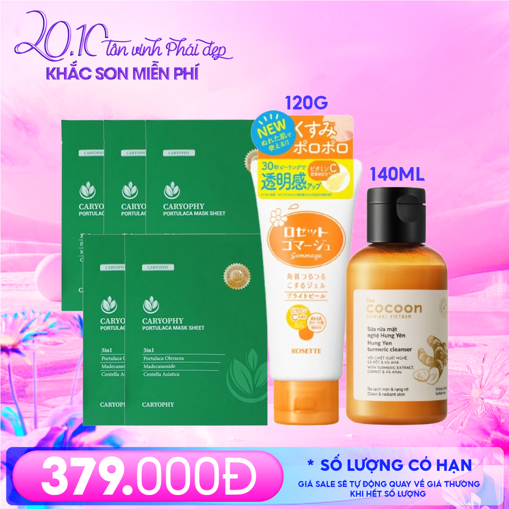 Combo 20/10 - Chăm Da Sáng Mịn: Mặt Nạ Miếng Làm Dịu, Phục Hồi Caryophy Portulaca Mask Sheet (5 miếng) +Tẩy Tế Bào Chết Rosette Gommage Bright Peel 120g + Sữa Rửa Mặt Cocoon Nghệ Hưng Yên 140ml)