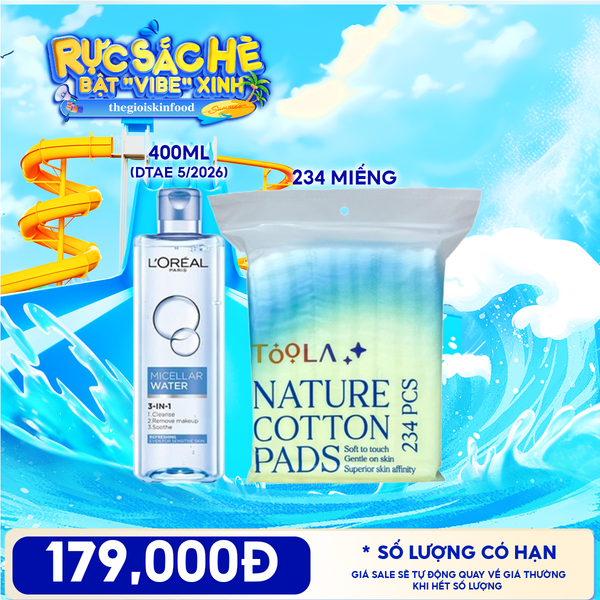  Combo Travel: Nước Tẩy Trang L'Oreal 3-in-1 Micellar Water + Bông Tẩy Trang Mềm Mịn TOOLA 