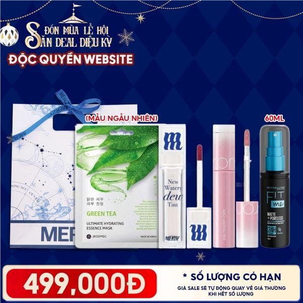  Túi Quà Giáng Sinh 499K: 1 Son Merzy + 1 Son Romand + 1 Xịt Khóa Nền Maybelline + 1 Mặt Nạ + Túi 