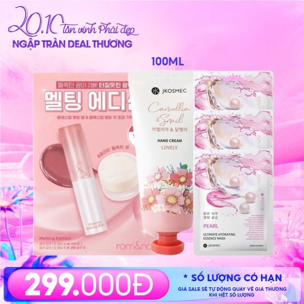  Combo 20/10: (Set Son Dưỡng Romand + Kem Dưỡng Da Tay Jkosmec Camellia & Snail Hand Cream 100ml + Mặt Nạ Jkosmec #Pearl (3 miếng)) 