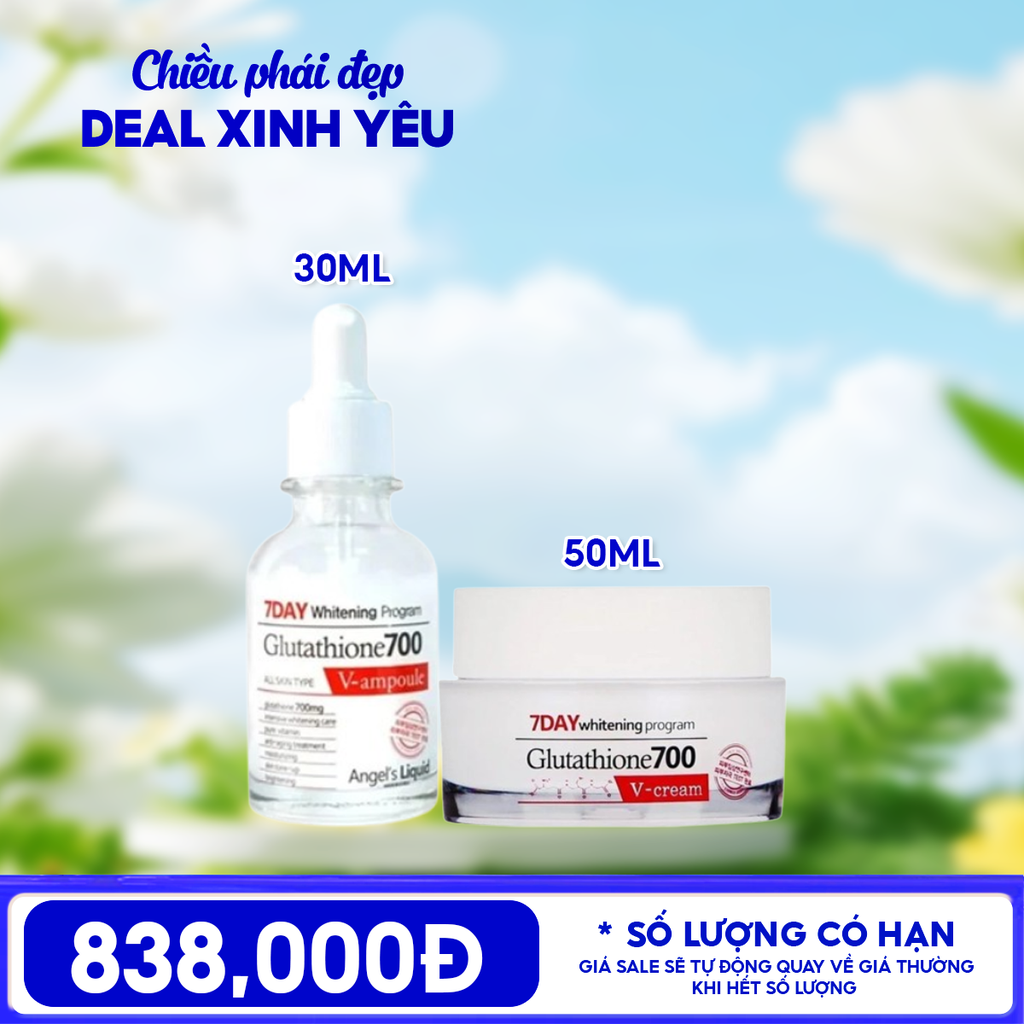 Combo Angel's Liquid: Serum Angel's Liquid Glutathione 700 V-Ampoule 30ml + Kem Dưỡng Angel's Liquid 7 Day Glutathione 700 V-Cream 50ml