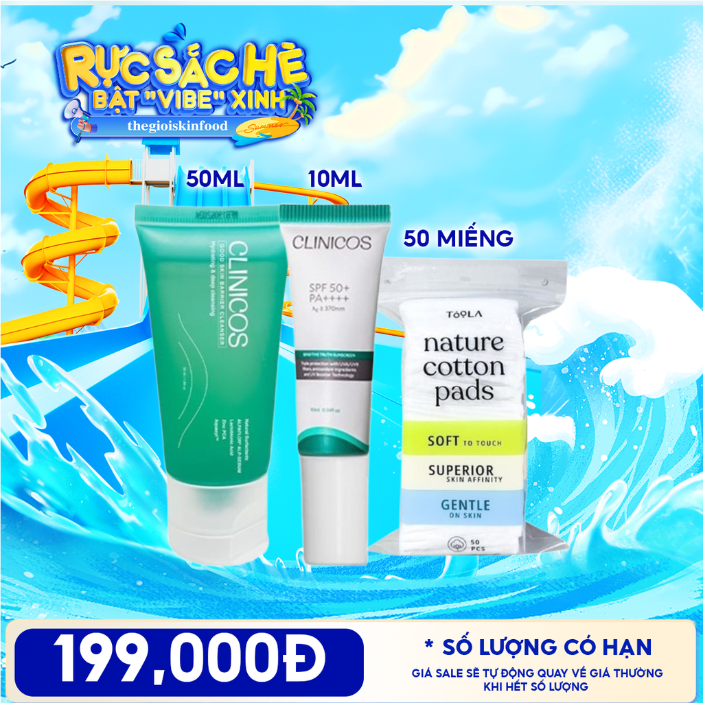 Combo Travel: Gel Rửa Mặt Clinicos Thanh Mát Good Skin Barrier Cleanser 50ml + Kem Chống Nắng CLINICOS Truth Sunscreen +  Bông Tẩy Trang Mềm Mịn TOOLA