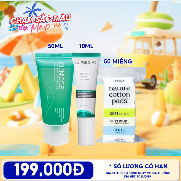  Combo Travel: Gel Rửa Mặt Clinicos Thanh Mát Good Skin Barrier Cleanser 50ml + Kem Chống Nắng CLINICOS Truth Sunscreen +  Bông Tẩy Trang Mềm Mịn TOOLA 