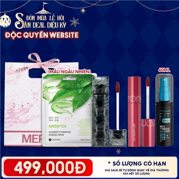  Túi Quà Giáng Sinh 499K: 1 Son Merzy + 1 Son Romand + 1 Xịt Khóa Nền Maybelline + 1 Mặt Nạ + Túi 