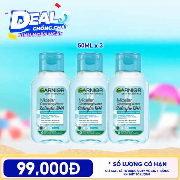  Combo Travel: 3 Sản Phẩm Nước Tẩy Trang Garnier Làm Sạch Sâu Micellar Cleansing Water 50ml 