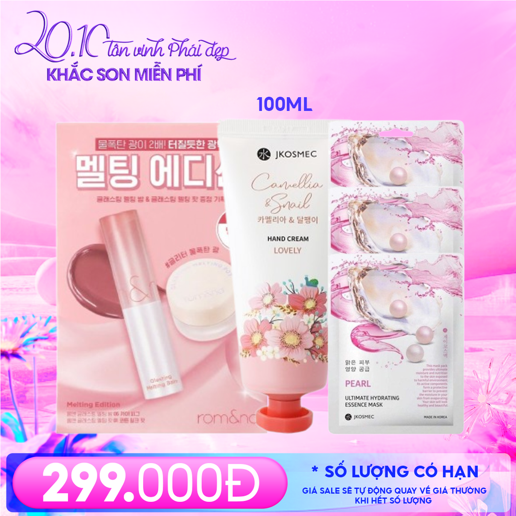 Combo 20/10: (Set Son Dưỡng Romand + Kem Dưỡng Da Tay Jkosmec Camellia & Snail Hand Cream 100ml + Mặt Nạ Jkosmec #Pearl (3 miếng))