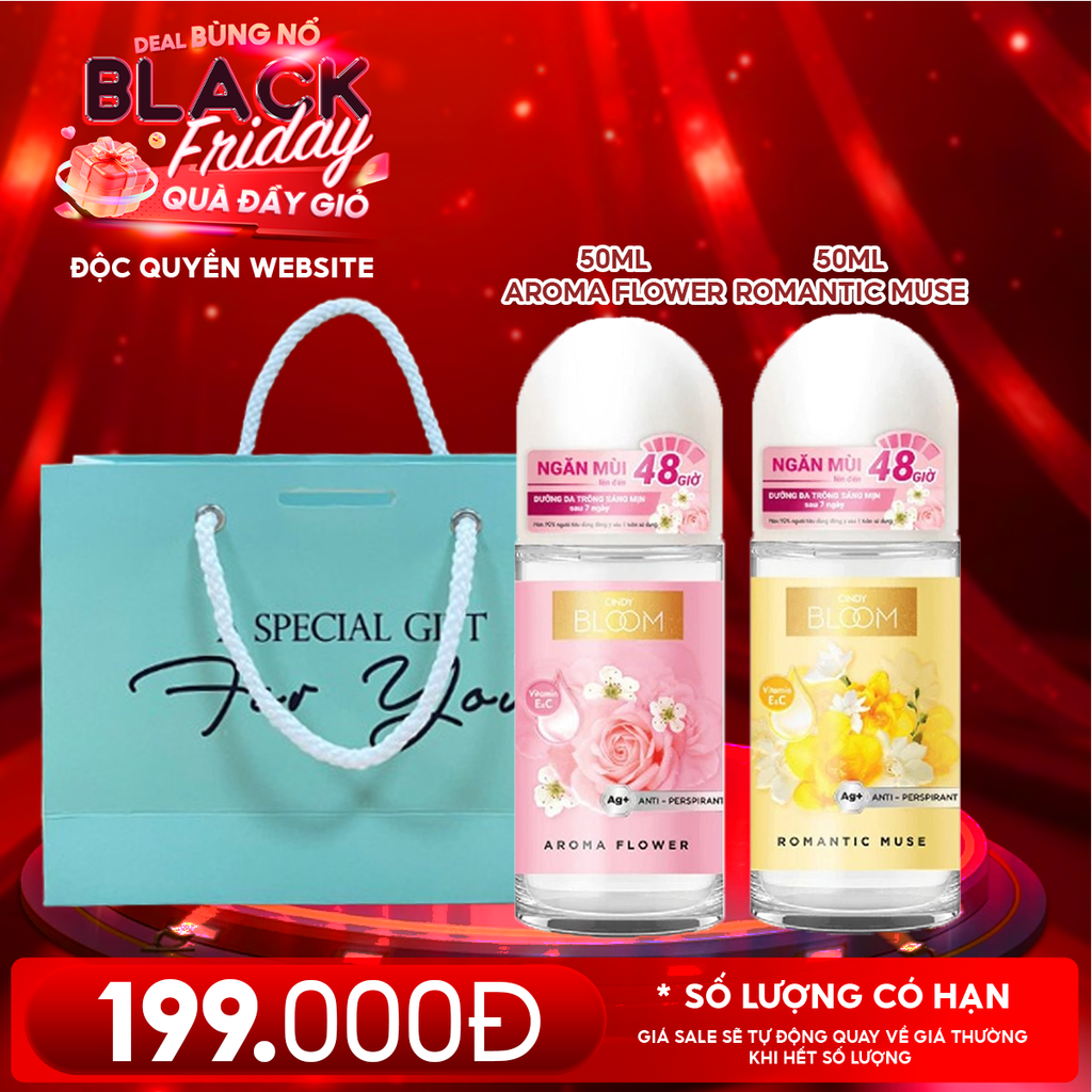 Combo Quà Tặng 20/11: 2 Chai Lăn Khử Mùi Hương Nước Hoa Cindy Bloom Deodorant roll-on 50ml + Túi Quà
