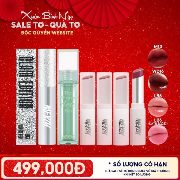 [ĐỘC QUYỀN - COMBO SIÊU HỜI] Son Kem Lì Merzy The Glam M13 Vapor Red + Son Tint Bóng Dạng Thạch Merzy +3 Son Dưỡng Ẩm Có Màu Merzy 
