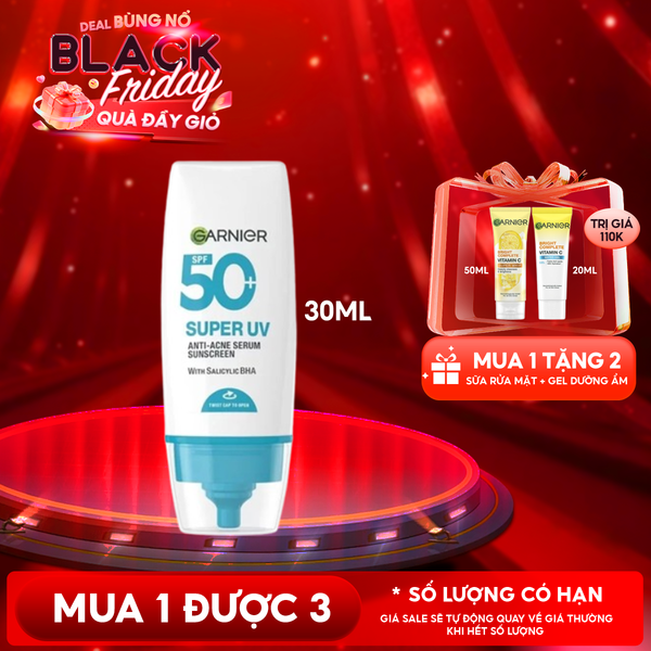  Kem Chống Nắng Phổ Rộng Garnier Kiềm Dầu, Hỗ Trợ Giảm Mụn Super Uv Anti-Acne Serum Sunscreen SPF50+ PA++++ 30ml 