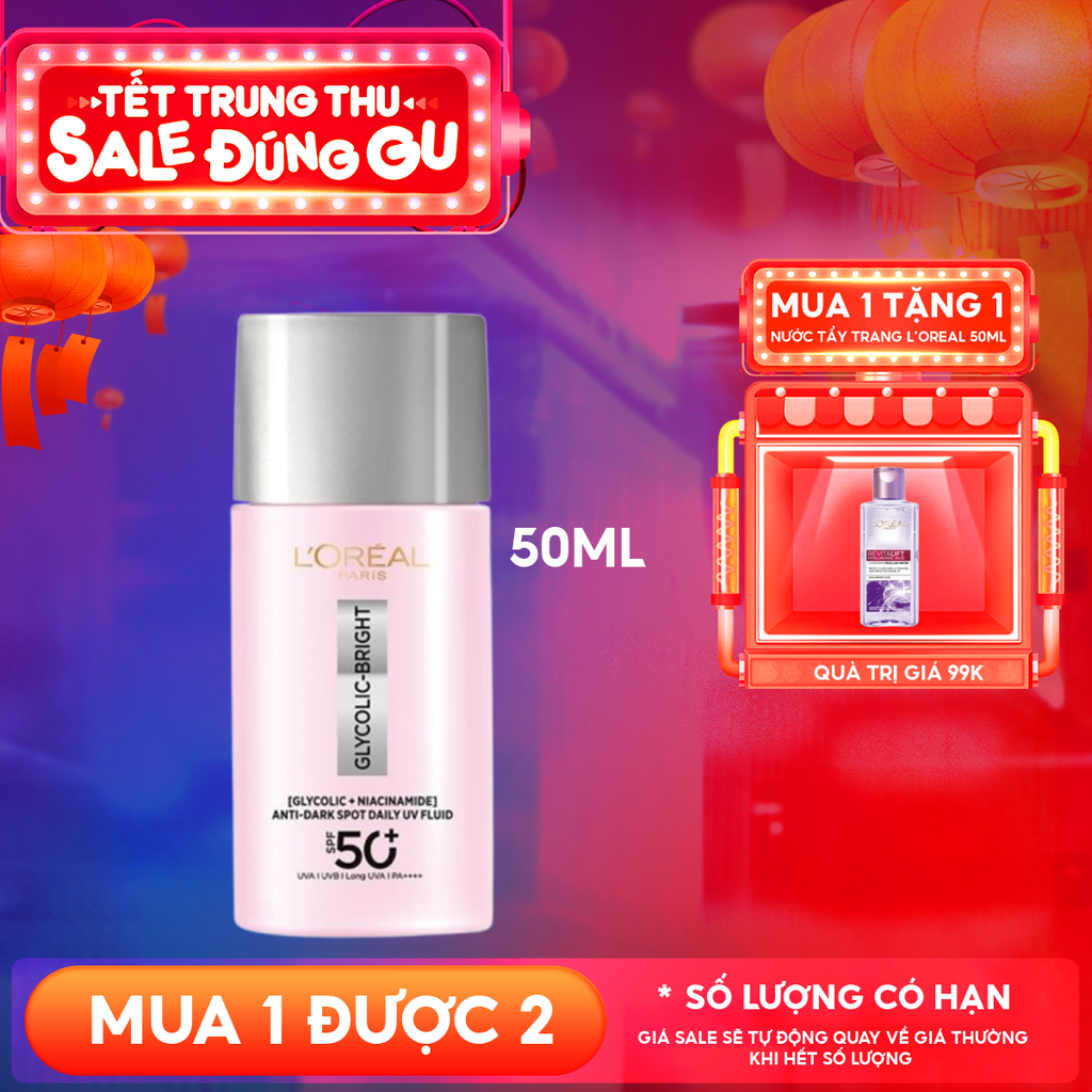Sữa Chống Nắng Phổ Rộng L'oreal Mỏng Nhẹ, Hỗ Trợ Dưỡng Sáng, Giảm Mờ Thâm Nám Glycolic-Bright Anti-Dark Spot Daily Uv Fluid SPF 50+/PA++++ 50ml