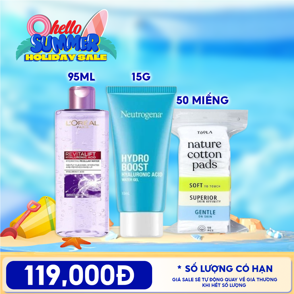 Combo Tiện Lợi: Nước Tẩy Trang L'oreal Revitalift Hyaluronic Acid Hydrating Micellar Water + Kem Dưỡng Ẩm Neutrogena Hydro Boost Water Gel + Bông Tẩy Trang Mềm Mịn TOOLA