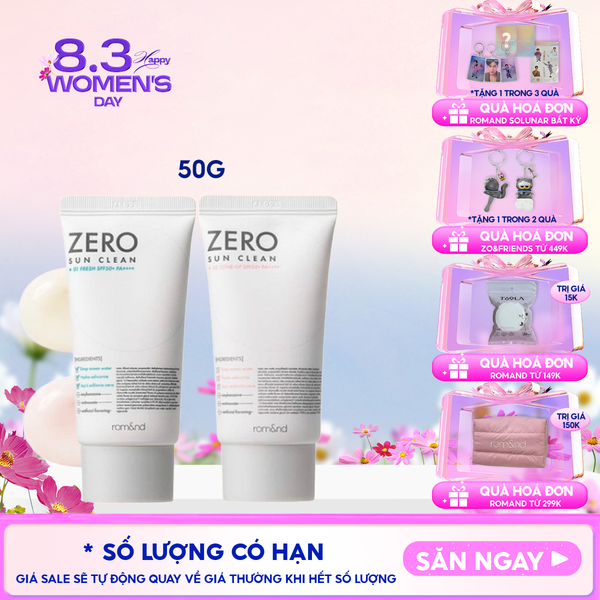  Kem Chống Nắng Romand Kiêm Kem Lót Bảo Vệ Da Hiệu Quả Zero Sun Clean SPF50+/PA++++ 50g 