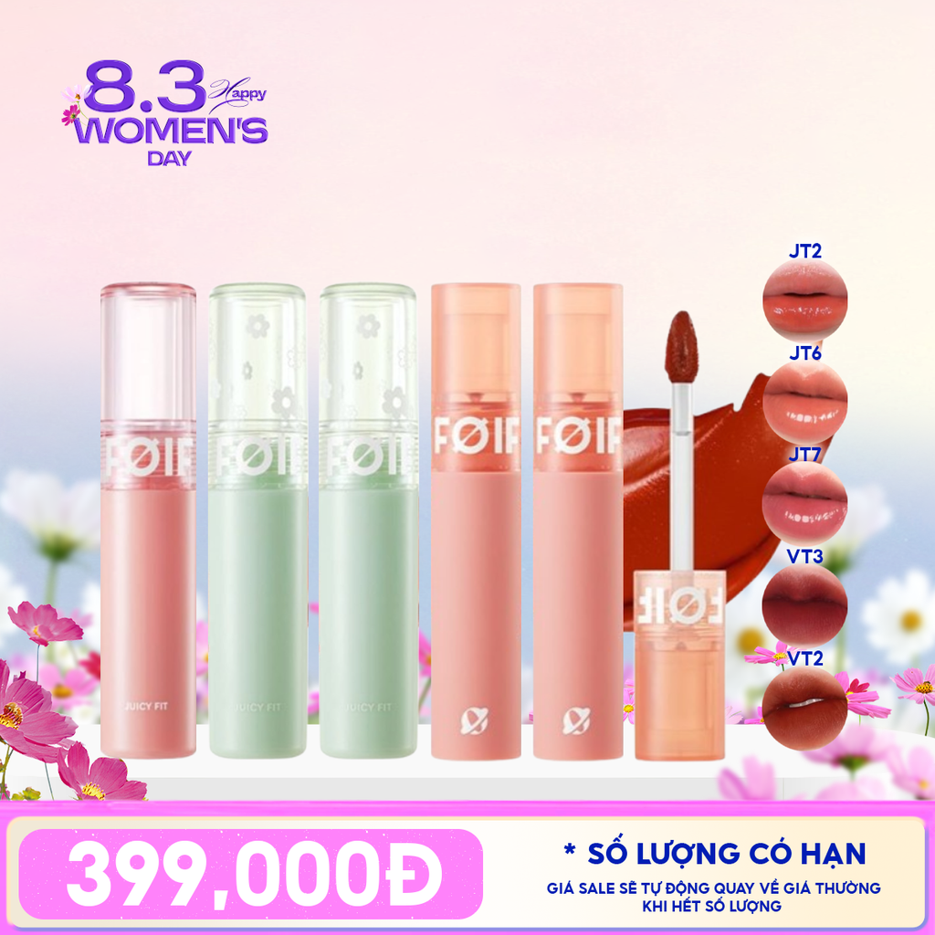 [PACK TIẾT KIỆM 11%] 3 Son Tint Bóng Thuần Chay FOIF Juicy Fit Tint + 2 Son Kem Lì Thuần Chay FOIF Daily Velvet Tint