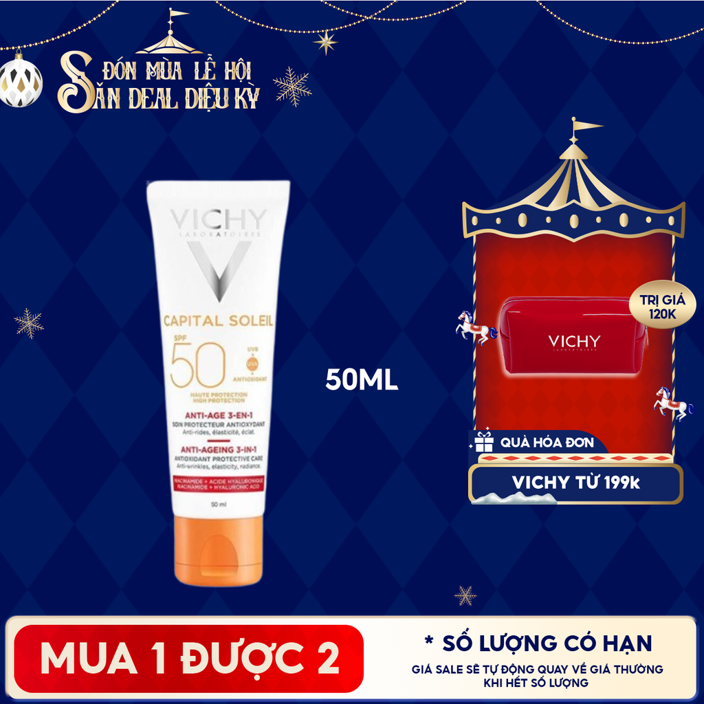 Kem Chống Nắng Vichy Hỗ Trợ Ngăn Ngừa Lão Hóa Da Capital Soleil Anti-Ageing 3-In-1 SPF50+ 50ml