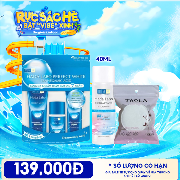 Combo Travel: Bộ Dưỡng Trắng Da Hada Labo Perfect White Tranexamic Acid + Nước Tẩy Trang Hada Labo Micellar Water +  Bông Tẩy Trang Mềm Mịn TOOLA 