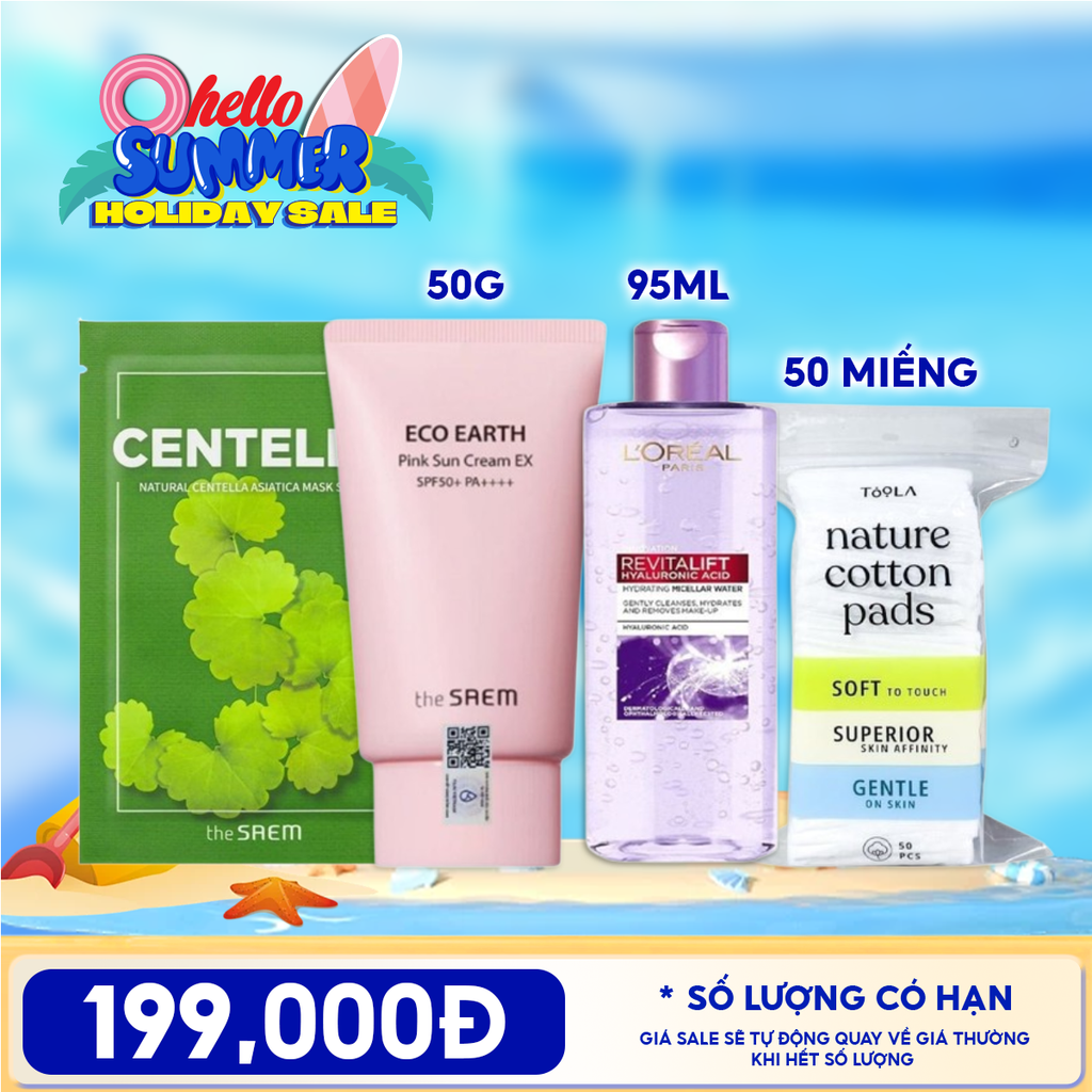 Combo Tiện Lợi: Kem Chống Nắng The Saem  Pink Sun Cream EX + Mặt Nạ Giấy The Saem  Natural Mask + Nước Tẩy Trang L'oreal Revitalift Hyaluronic Acid Hydrating Micellar Water + Bông Tẩy Trang Mềm Mịn TOOLA