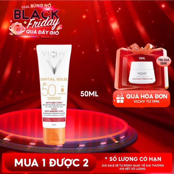  Kem Chống Nắng Vichy Hỗ Trợ Ngăn Ngừa Lão Hóa Da Capital Soleil Anti-Ageing 3-In-1 SPF50+ 50ml 
