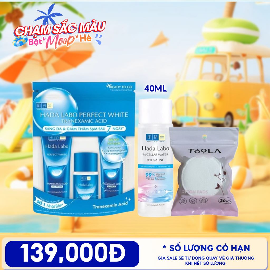Combo Travel: Bộ Dưỡng Trắng Da Hada Labo Perfect White Tranexamic Acid + Nước Tẩy Trang Hada Labo Micellar Water +  Bông Tẩy Trang Mềm Mịn TOOLA