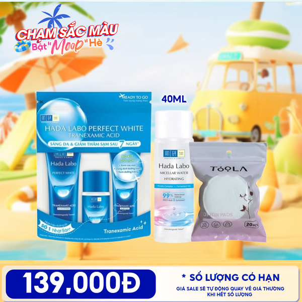  Combo Travel: Bộ Dưỡng Trắng Da Hada Labo Perfect White Tranexamic Acid + Nước Tẩy Trang Hada Labo Micellar Water +  Bông Tẩy Trang Mềm Mịn TOOLA 