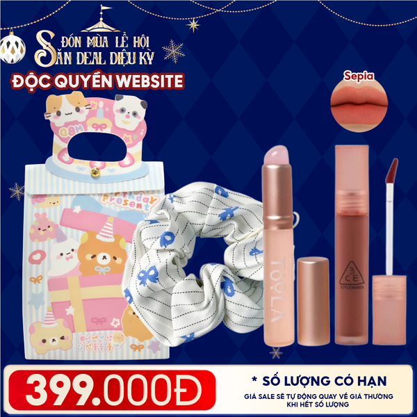  Túi Quà Giáng Sinh: Son 3CE + Kẹp Tóc Ngẫu Nhiên + Cọ Môi + Túi Quà Tặng 