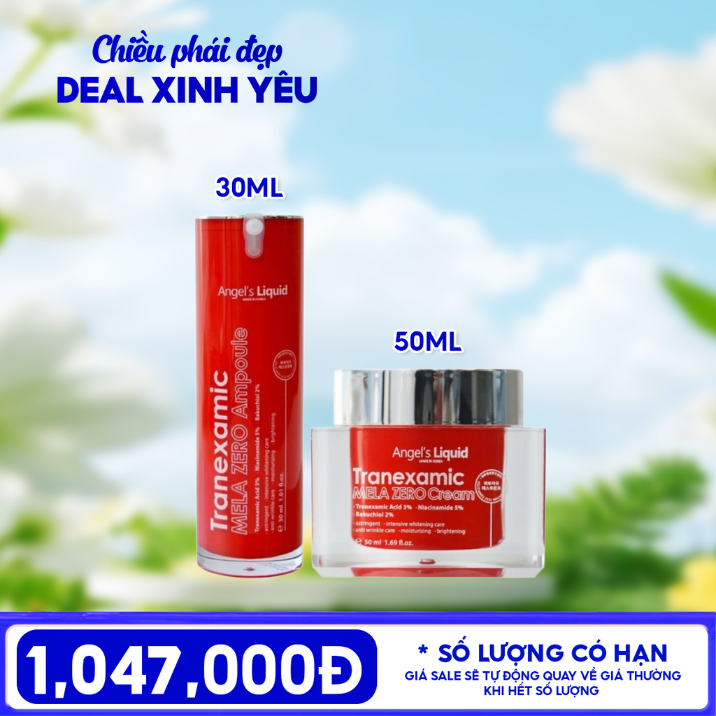 Combo Angel's Liquid: Tinh Chất Angel's Liquid Tranexamic Mela Zero Ampoule 30ml (Red Version) + Kem Dưỡng Angel's Liquid Tranexamic Mela Zero Cream 50ml (Red Version)