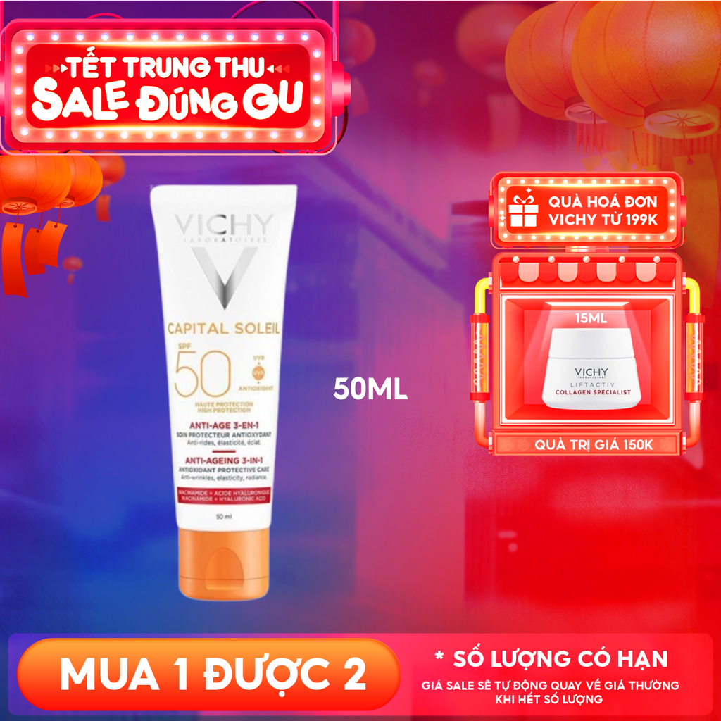 Kem Chống Nắng Vichy Hỗ Trợ Ngăn Ngừa Lão Hóa Da Capital Soleil Anti-Ageing 3-In-1 SPF50+ 50ml