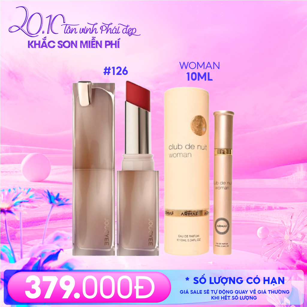 Combo 20/10: ( Son Thỏi Joocyee Muddy Rouge 3.2g #126 Flame Red Sun + Nước Hoa Nữ Armaf Club De Nuit Woman 10ml)