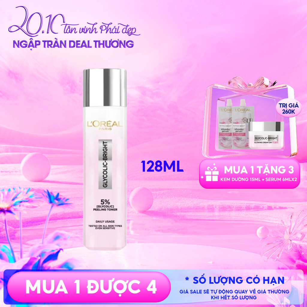 Nước Dưỡng L'oreal Hỗ Trợ Làm Sáng Da Glycolic - Bright Glowing Peeling Toner 128ml