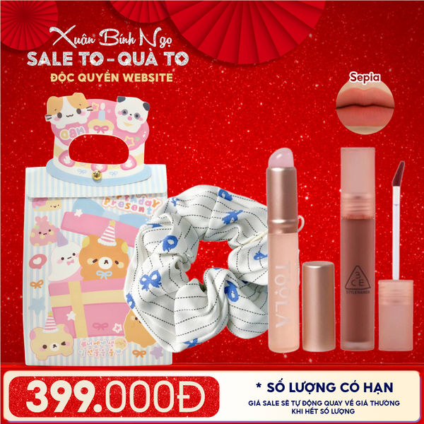  Túi Quà Tặng: Son 3CE + Kẹp Tóc Ngẫu Nhiên + Cọ Môi + Túi Quà Tặng 