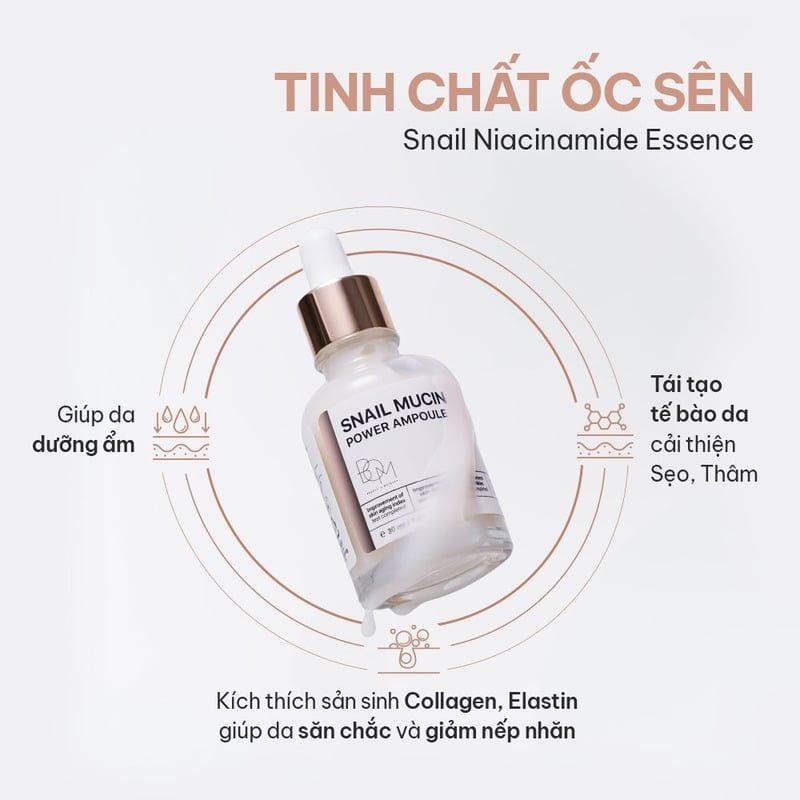 Serum B.O.M Hỗ Trợ Dưỡng Sáng, Mờ Nếp Nhăn Snail Mucin Power Ampoule 30ml