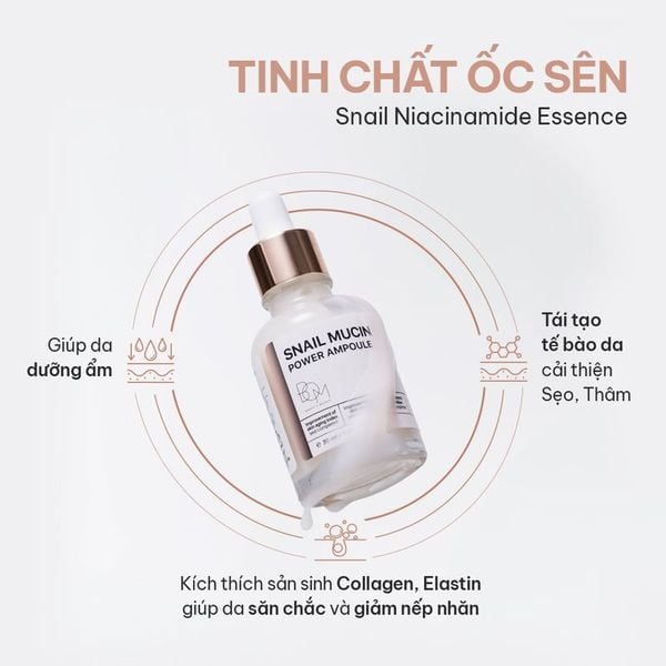  Serum B.O.M Hỗ Trợ Dưỡng Sáng, Mờ Nếp Nhăn Snail Mucin Power Ampoule 30ml 