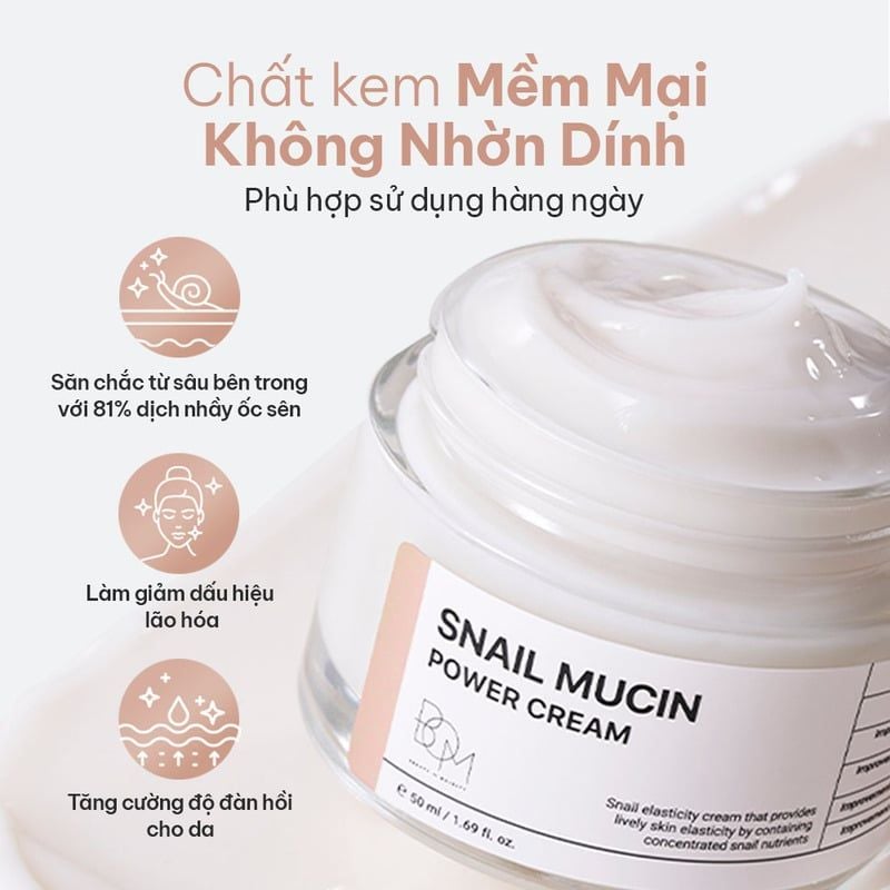 Kem Dưỡng Ẩm B.O.M Hỗ Trợ Làm Mờ Nếp Nhăn Snail Mucin Power Cream 50ml