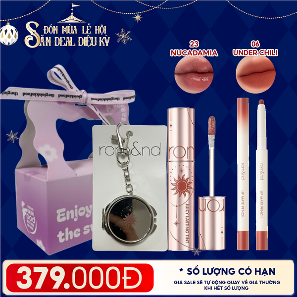  Combo Romand: Son Tint Lì Juicy Solunar Edition + Gương Móc Khóa Romand Solunar + Chì Kẻ Viền Môi Nhung Lì, Lâu Trôi, Thiết Kế 2 Đầu 06 Under Chili + Túi Quà 