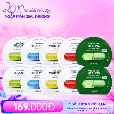 Combo BNBG 10 Mask: Mặt Nạ Miếng Vita Genic + Mặt Nạ Miếng Chiết Xuất Tràm Trà Vita Tea Tree Healing Face Mask Pack