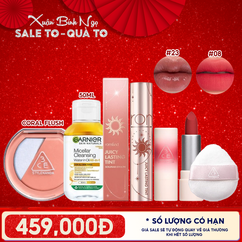Combo Makeup: Phấn Má Hồng 3CE + Son Tint Lì Romand Solunar + Nước Tẩy Trang Mni Garnier 50ML + Son Thỏi Mini 3CE Cashmere Hug 08 Hush Red + Mút Trang Điểm 3CE