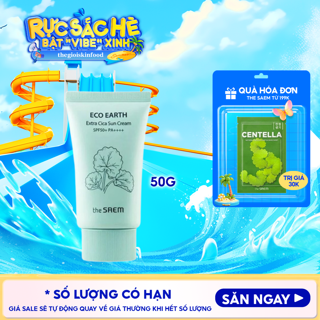 Kem Chống Nắng The Saem Nâng Tông, Cân Bằng Ẩm, Chiết Xuất Rau Má Eco Earth Extra Cica Sun Cream SPF50+/PA++++ 50g