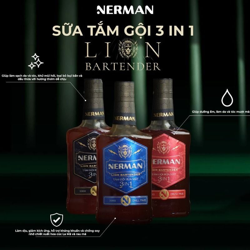 Sữa Tắm Gội Rửa Mặt 3in1 Nerman Lion Bartender 3In1 Hair & Body Wash 330g