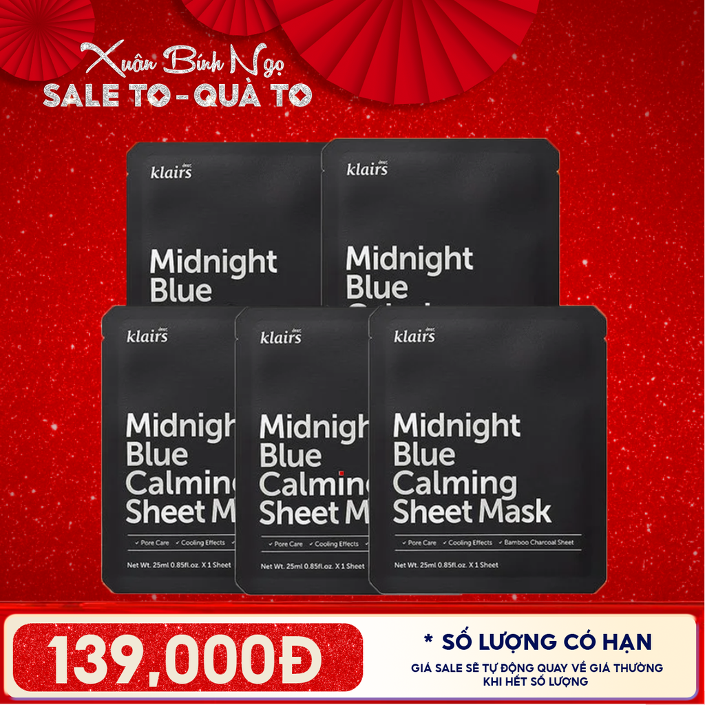 Combo 5 Miếng Mặt Nạ Klairs Làm Dịu, Hỗ Trợ Giảm Kích Ứng, Phục Hồi Da Midnight Blue Calming Sheet Mask 25ml