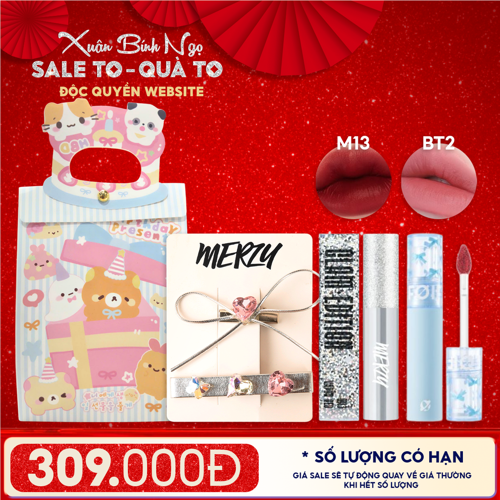 Combo Quà Tặng: Son Kem Lì Merzy The Glam Mellow Tint + Son Kem Lì FOIF Daily Blur Tint + Kẹp Tóc Merzy + Túi Quà