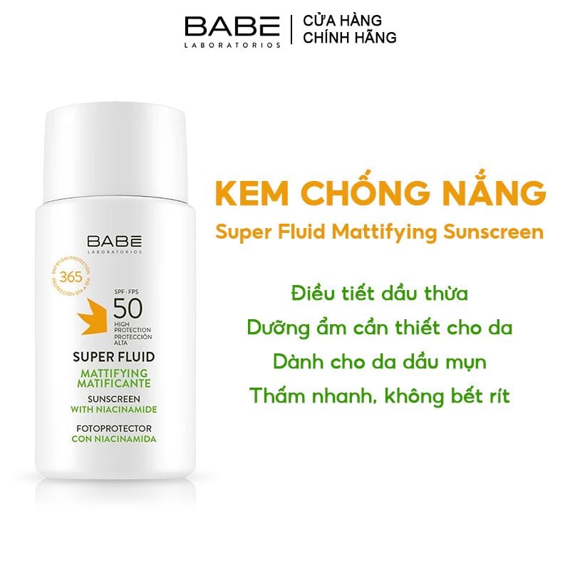 Kem Chống Nắng LABORATORIOS BABÉ Kiểm Soát Dầu Super Fluid Mattifying Sunscreen SPF50 50ml