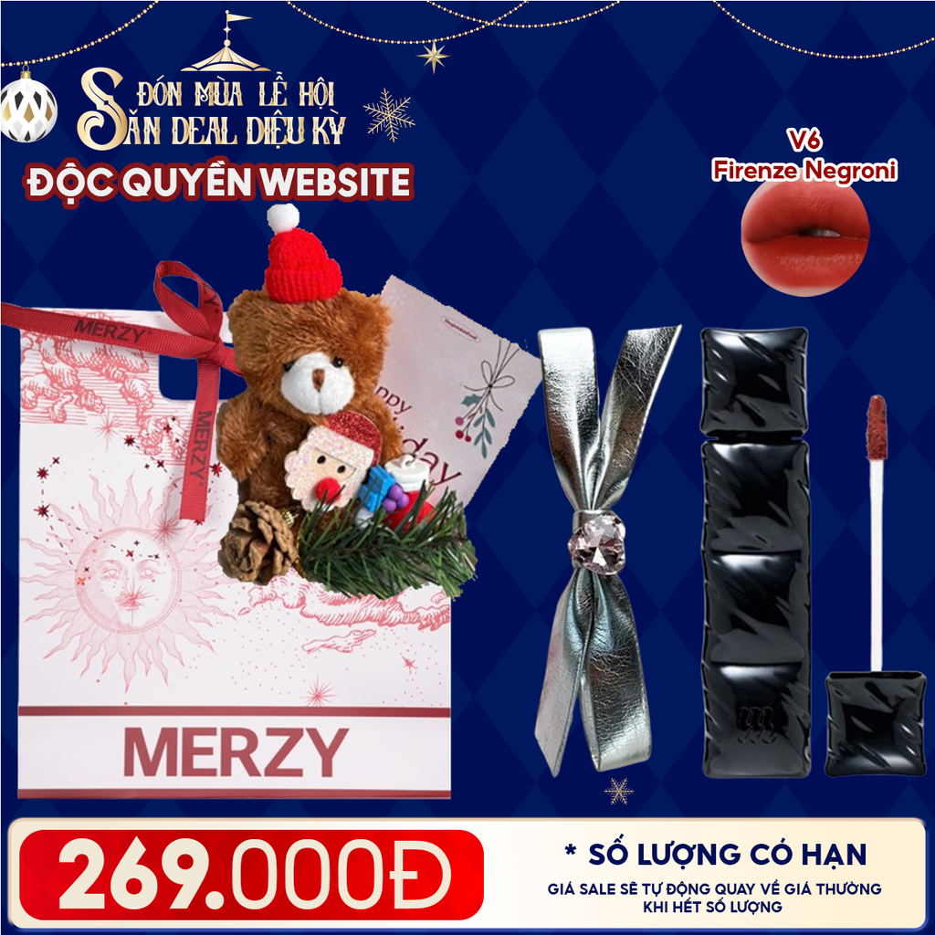 Túi Quà Giáng Sinh: Son Merzy + Kẹp Tóc Ngẫu Nhiên + Set Quà Gấu + Túi Giấy Merzy Holiday