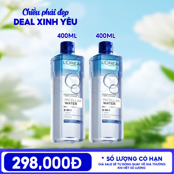  COMBO 2 Nước Tẩy Trang L'Oreal Làm Sạch Tươi Mát, Dưỡng Ẩm Cho Da 3-in-1 Micellar Water 