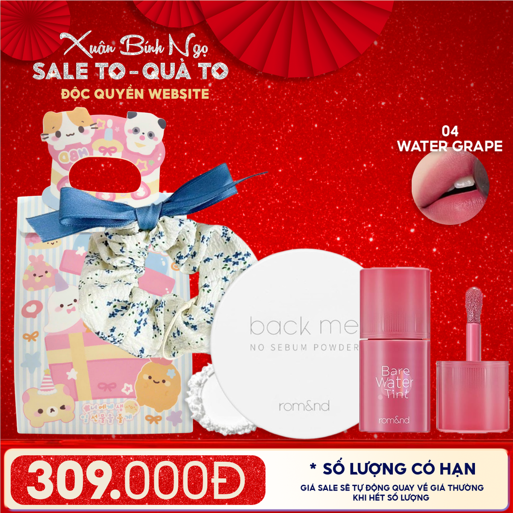 Combo Quà Tặng: Phấn Phủ Dạng Bột Romand Back Me No Sebum + Son Tint Romand Bare Water Tint + Cột Tóc + Túi Quà