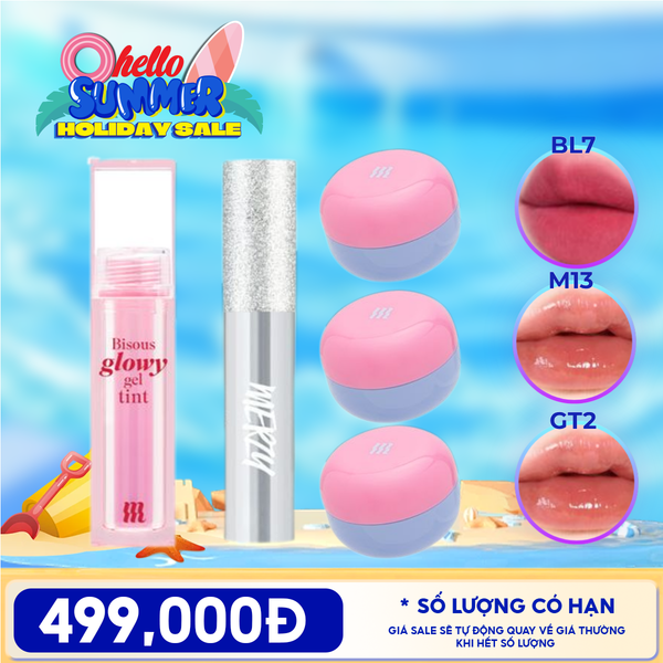  [PACK TIẾT KIỆM 15%] 2 Son Dưỡng Ẩm Có Màu Merzy LB7 Off Grape (date 03/2027) + Son Bóng Pha Lê Merzy + Son Kem Bùn Kiêm Má Hồng Merzy + Son Kem Lì Merzy The Glam M13 Vapor Red 