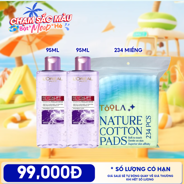  Combo Travel: Nước Tẩy Trang L'oreal Làm Sạch, Cấp Ẩm Revitalift Hyaluronic Acid Hydrating Micellar Water 95ml + Bông Tẩy Trang Mềm Mịn TOOLA 