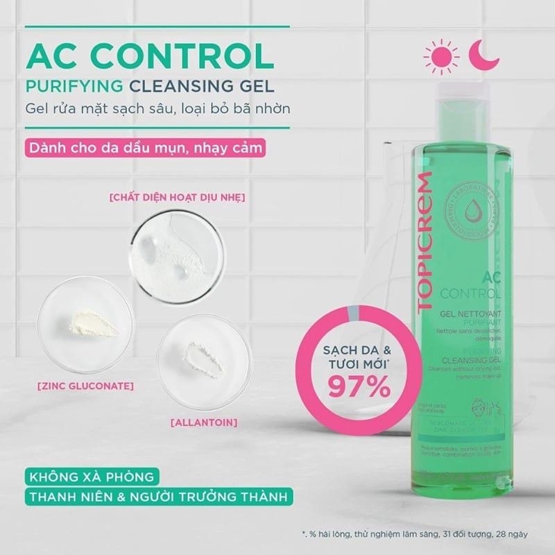 Sữa Rửa Mặt Dạng Gel Topicrem Dành Cho Da Dầu, Hỗn Hợp AC Control Purifying Cleansing Gel